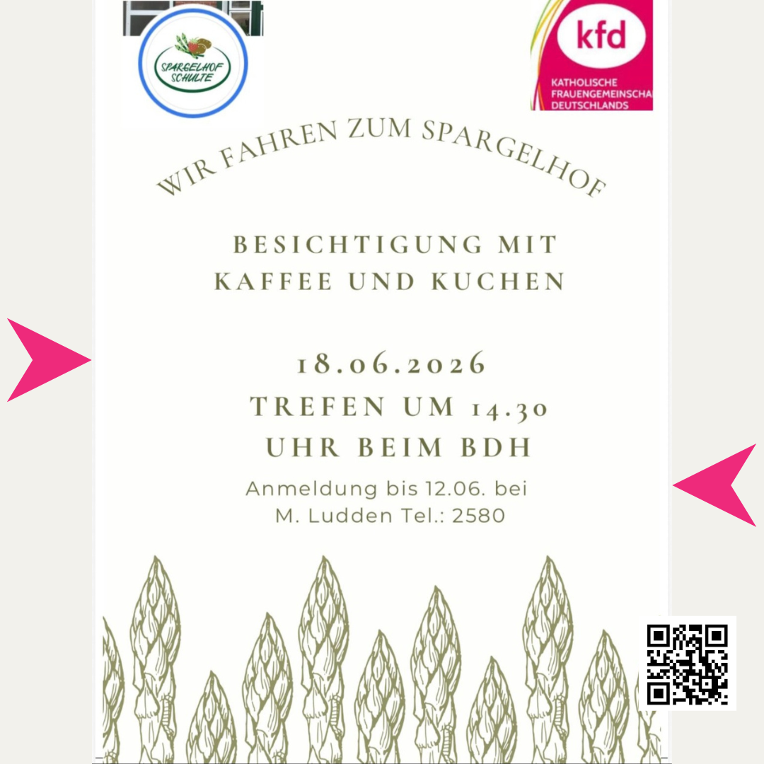 Do., 18.06.2026, 14:30 Uhr BDH - kfd Fahrt Haren zum Spargelhof