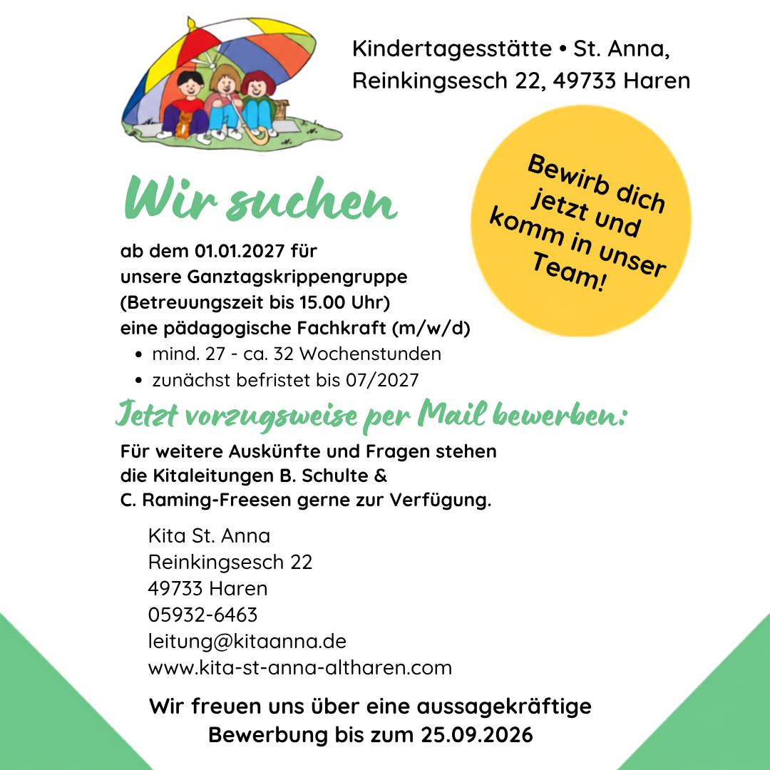 Die KITA St. Anna in Altharen sucht...